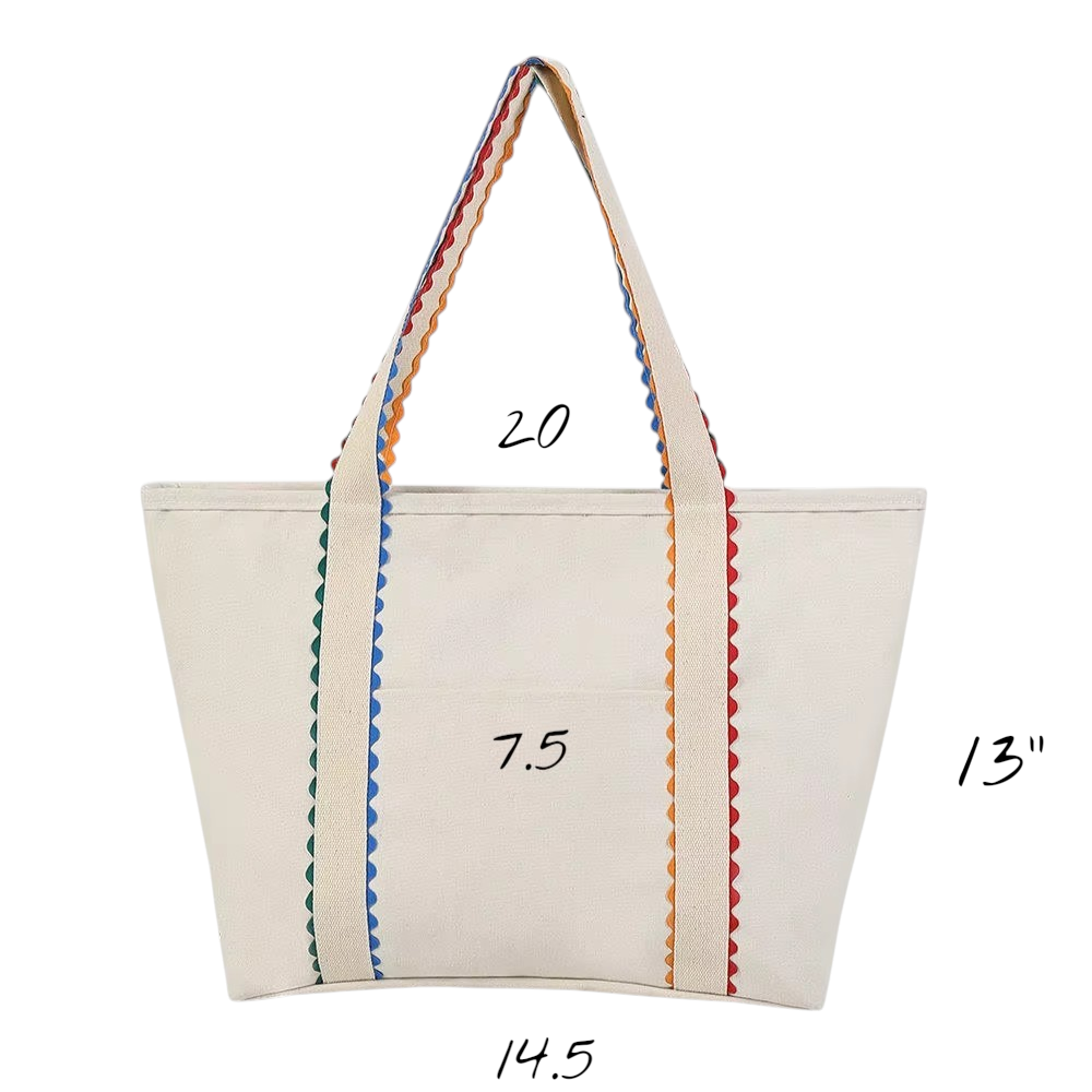 Large Canvas Tote Bag with Colored Scalloped Handles Beach