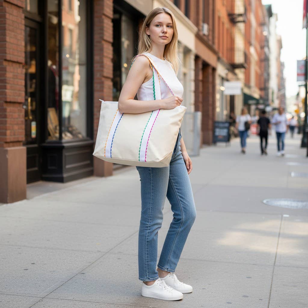 Large Canvas Tote Bag with Colored Scalloped Handles Beach
