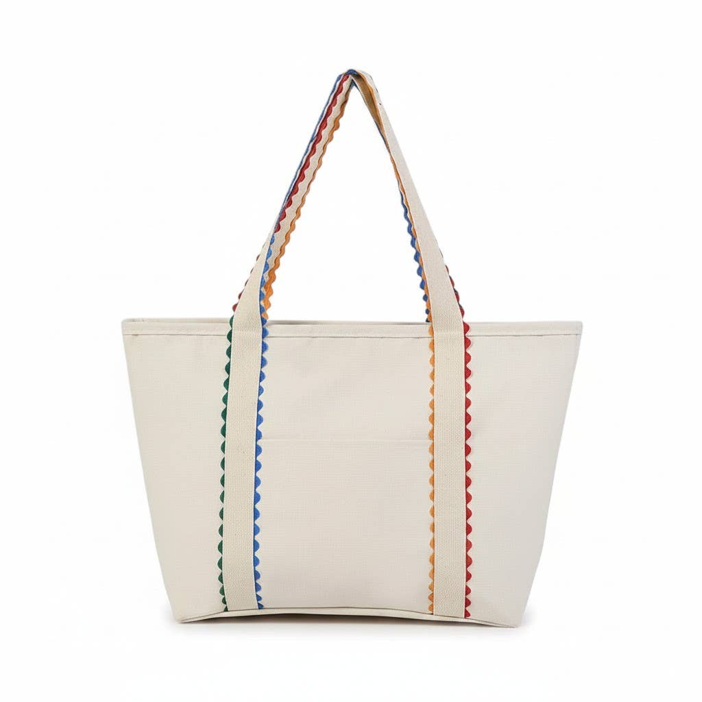 Large Canvas Tote Bag with Colored Scalloped Handles Beach
