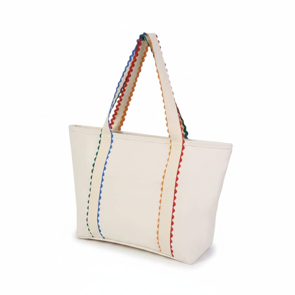 Large Canvas Tote Bag with Colored Scalloped Handles Beach