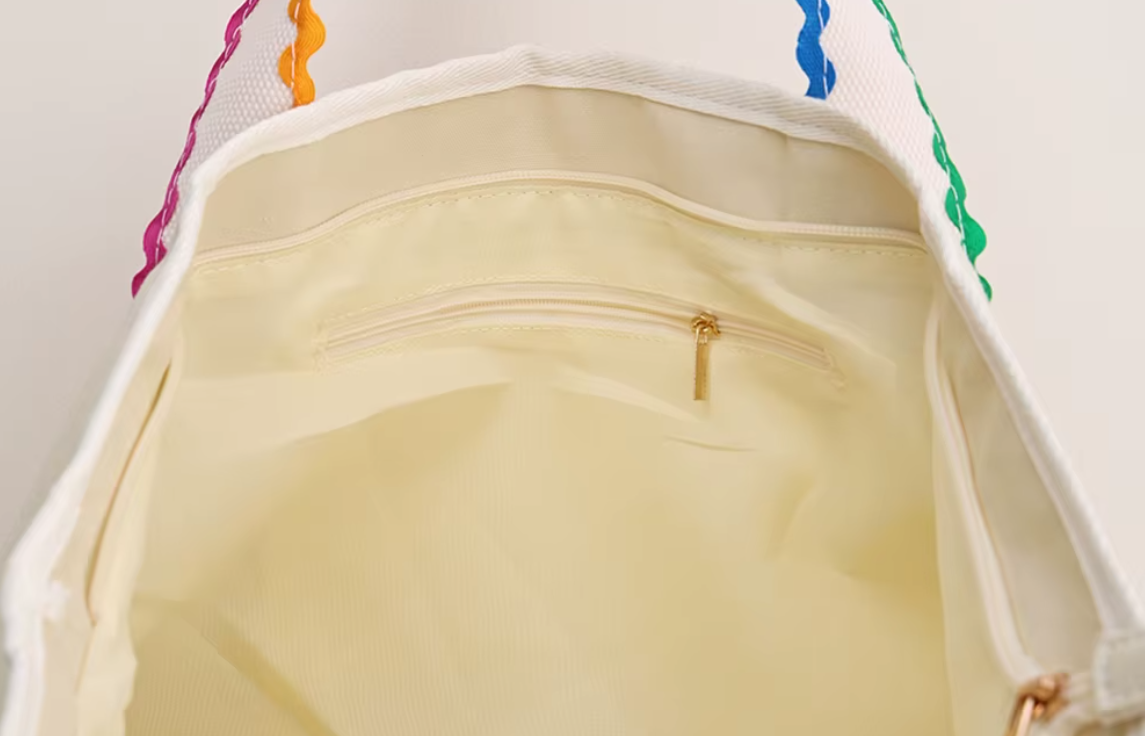 Large Canvas Tote Bag with Colored Scalloped Handles Beach